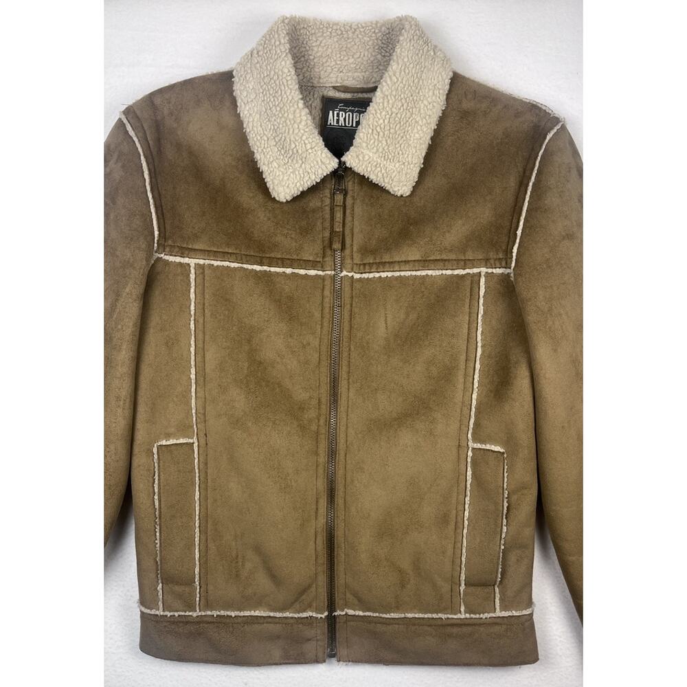 Aeropostale Brown Sherpa Lined Faux Suede Jacket Men’s Small – Shearling Style - Picture 4 of 16